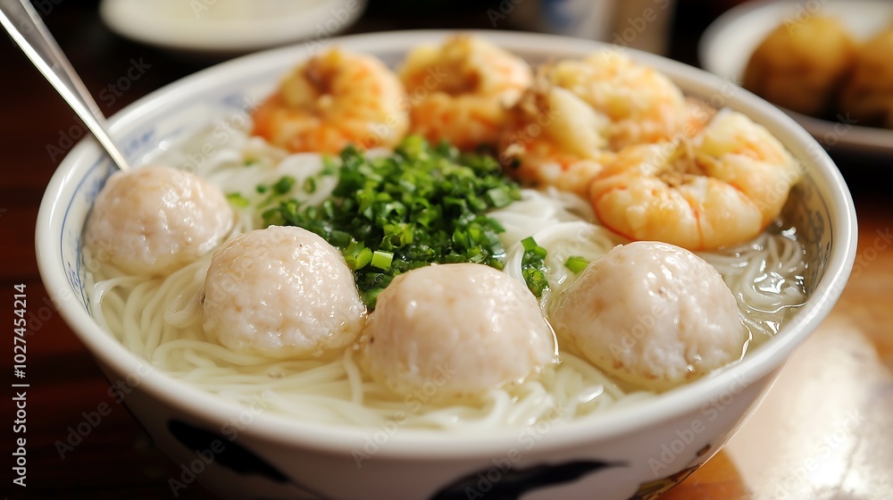 In the bowl, there are rice noodles with shrimp and meatballs in clear broth In the bowl, there are rice noodles with shrimp and meatballs in clear broth