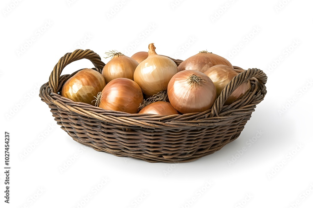 Fresh Brown Onions in Wicker Basket Isolated on White Background Fresh Brown Onions in Wicker Basket Isolated on White Background