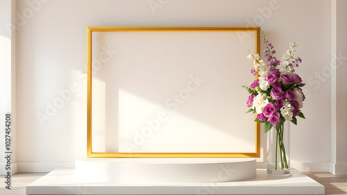 Realistic looking golden tall 3d modern shaped border with standing on podium, there is a stunning eye catchy real flower arrangement Generative AI