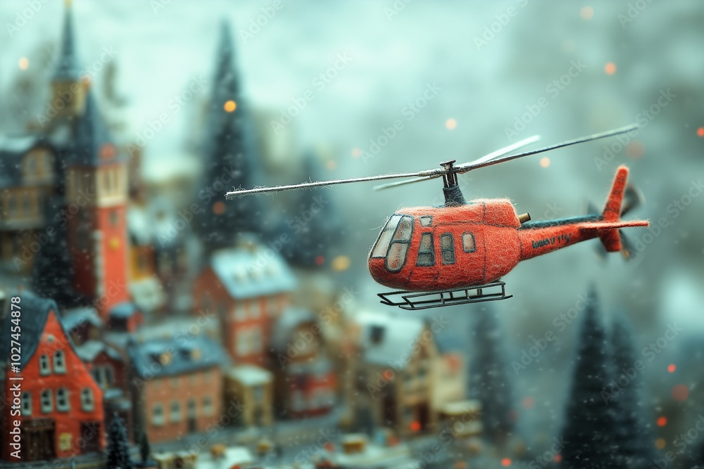 Cute wool helicopter flying above cute wool city Cute wool helicopter flying above cute wool city