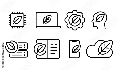 eco green tech technology sustainable low carbon emission ICT server computing icon collection set vector graphic illustration