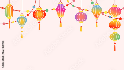 Chinese colored holiday lanterns with garland on pink background. 