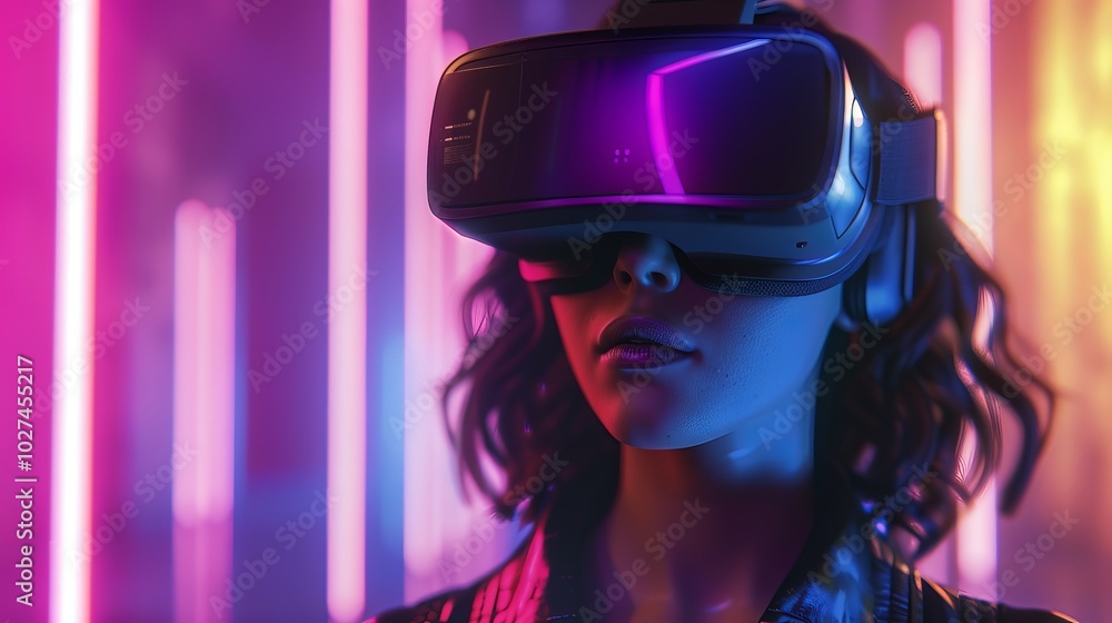 Young woman with virtual reality headset. Future technology concept. Young woman with virtual reality headset. Future technology concept.
