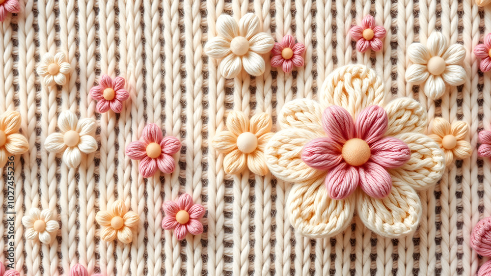 Seamless pattern with cute 3D knitted flowers small and big on a knitted textured background in in soft neutral colors. Generative AI Seamless pattern with cute 3D knitted flowers small and big on a knitted textured background in in soft neutral colors. Generative AI