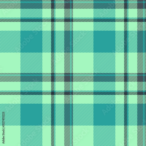 Outline plaid fabric textile, structure seamless texture background. Multicolor pattern check vector tartan in green and teal colors.