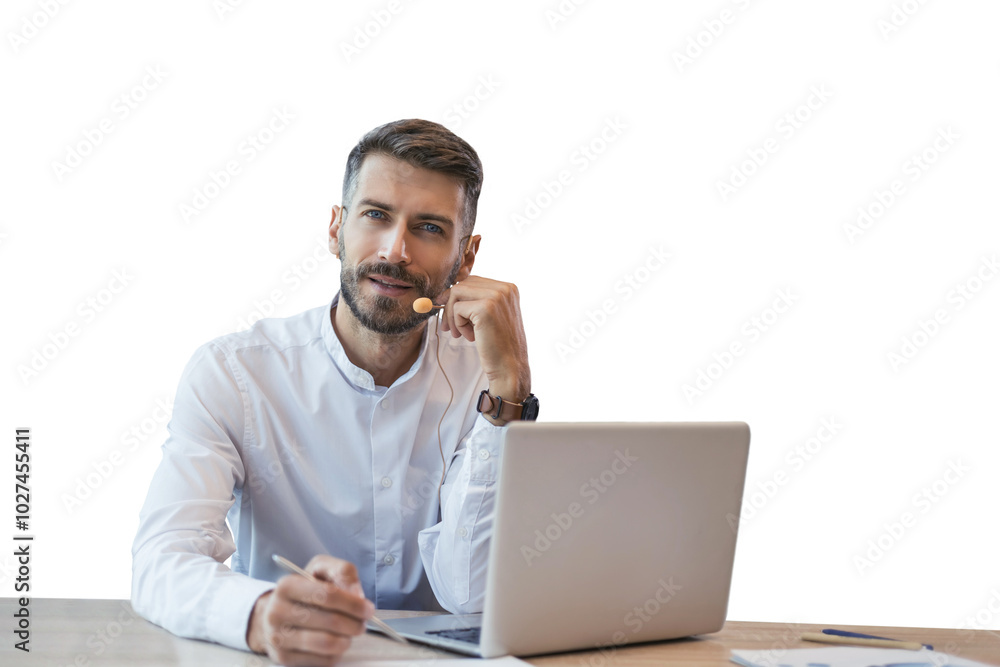 Male customer support operator with headset and smiling on a transparent background Male customer support operator with headset and smiling on a transparent background