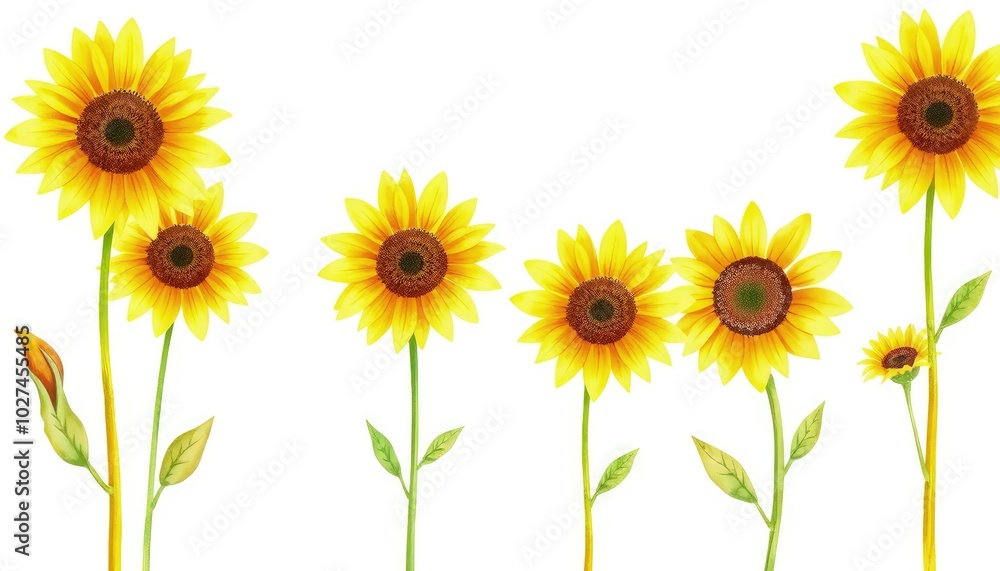 Set of watercolor bright yellow sunflowers hand-drawn AI Generate Set of watercolor bright yellow sunflowers hand-drawn AI Generate
