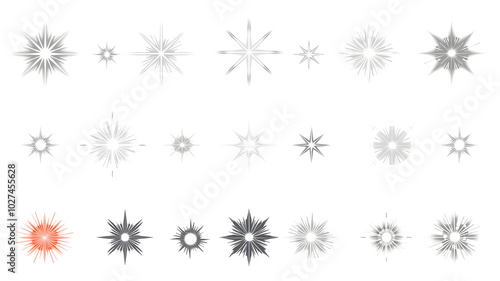 Set of blinking stars, sparks and sparkles. Shining twinkle sunburst shapes collection. Magic light flare pack for design template, poster, banner, brochure, leaflet. Generative AI