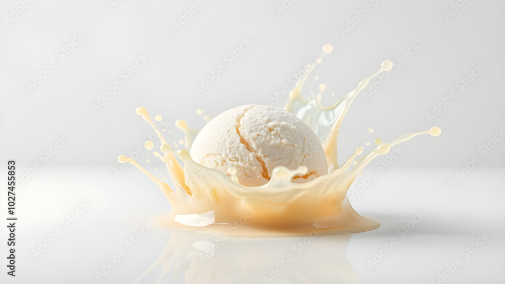 Vanilla splash with ball of vanilla ice cream inside isolated, make more background. Generative AI Vanilla splash with ball of vanilla ice cream inside isolated, make more background. Generative AI