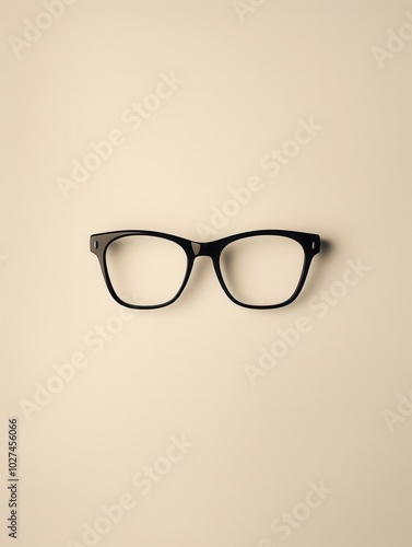 A pair of stylish black eyeglasses with clear lenses is neatly placed on a soft beige surface, highlighting their sleek design. Generative AI