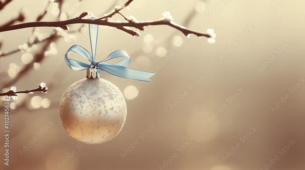 A single silver Christmas ornament hangs from a bare branch with a blue ribbon. A single silver Christmas ornament hangs from a bare branch with a blue ribbon.