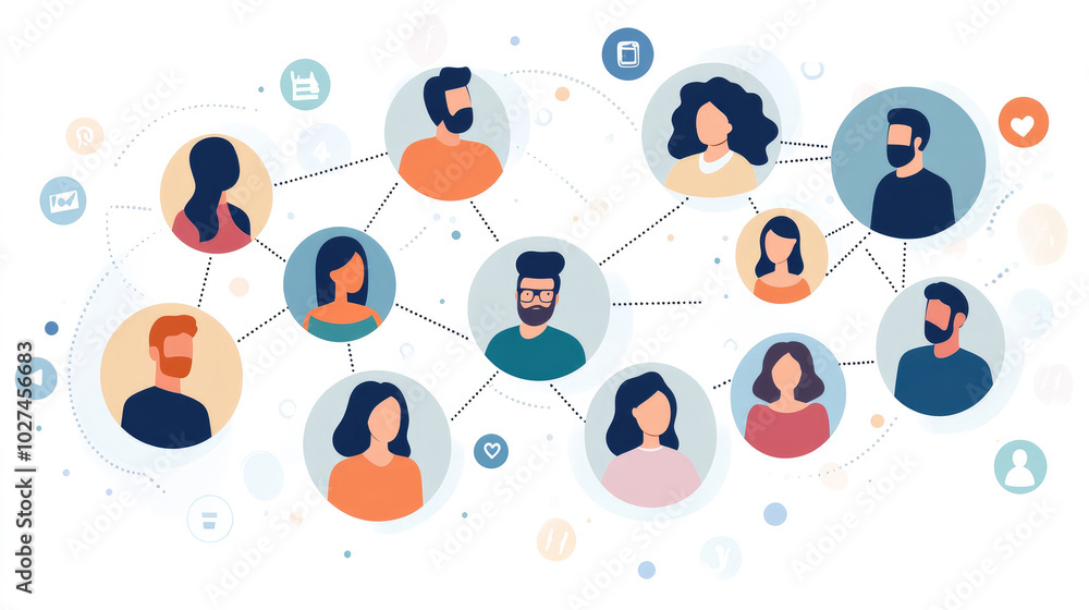 Simplistic Social Network Illustration with Pastel Avatars and Flat Design Simplistic Social Network Illustration with Pastel Avatars and Flat Design