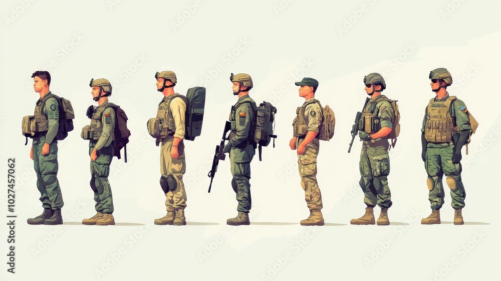 Fototapeta premium Vector illustrations of military crew, including logistics personnel and support roles, vibrant and detailed designs
