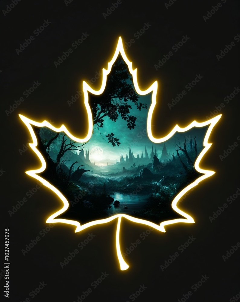 A glowing leaf silhouette revealing a fantasy landscape on plain black background A glowing leaf silhouette revealing a fantasy landscape on plain black background
