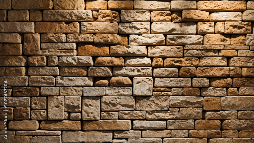 Fototapeta premium Textured Stone Brick Wall Lit by Warm Light