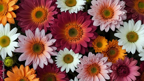 A cheerful close-up of a vibrant flower bouquet featuring daisies, chrysanthemums, and wildflowers in shades of pink, orange, white, and yellow, set against a white background