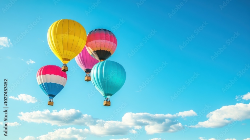 A group of vibrant balloons ascends against a sunny blue sky, creating a festive atmosphere on a beautiful day. Generative AI A group of vibrant balloons ascends against a sunny blue sky, creating a festive atmosphere on a beautiful day. Generative AI