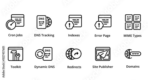 toolkit site publisher dynamic DNS cron jobs scheduled tracking error page icon collection set vector graphic illustration web hosting server management tools