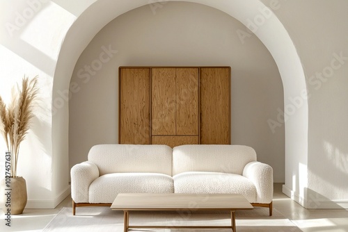 A Scandinavian interior with minimalist, arched construction and wood cabinets and sofas. Generative AI
