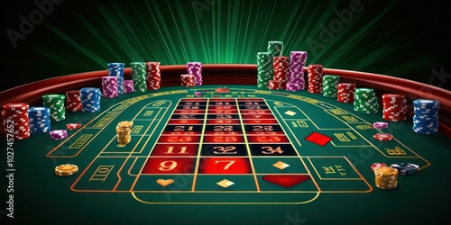 Vector of a casino games layout with tables for poker, roulette, blackjack, and baccarat, all with chips and cards in play