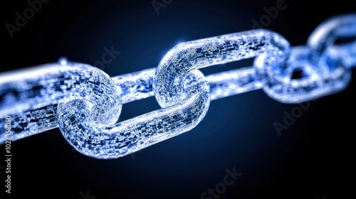 Close-up of a shiny metal chain link on a dark background, symbolizing strength, connection, and durability in design and industry.