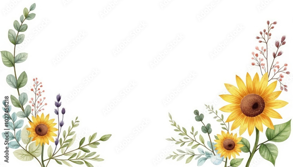 Fototapeta premium Greeting card, invitation with text space, summer flowers and herbs, eucalyptus and sunflowers on white background, watercolor illustration, hand drawing AI Generate