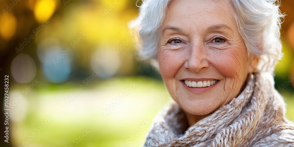 An elderly woman with grey hair smiles warmly at the camera, exuding warmth and positivity, against a blurred nature backdrop in soft autumn colors. An elderly woman with grey hair smiles warmly at the camera, exuding warmth and positivity, against a blurred nature backdrop in soft autumn colors.