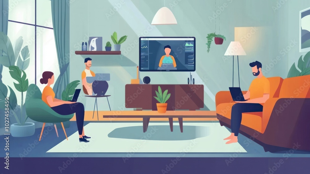 Virtual fitness class vector illustrations, showing people following online workout sessions at home Virtual fitness class vector illustrations, showing people following online workout sessions at home
