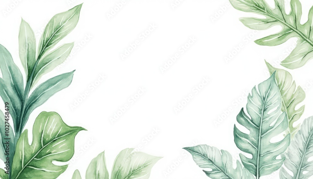 Tropical leaves on isolated background, greeting cards with text space, watercolor painting, botanical illustration, monstera floral design AI Generate