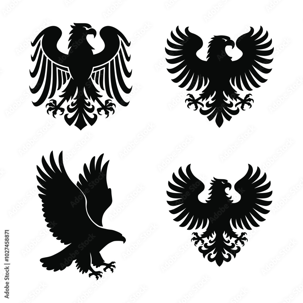 Obraz premium High Quality Eagle Silhouette Vector Set Featuring Majestic Flying Poses and Minimalist Black and White Designs for Wildlife Themed Projects