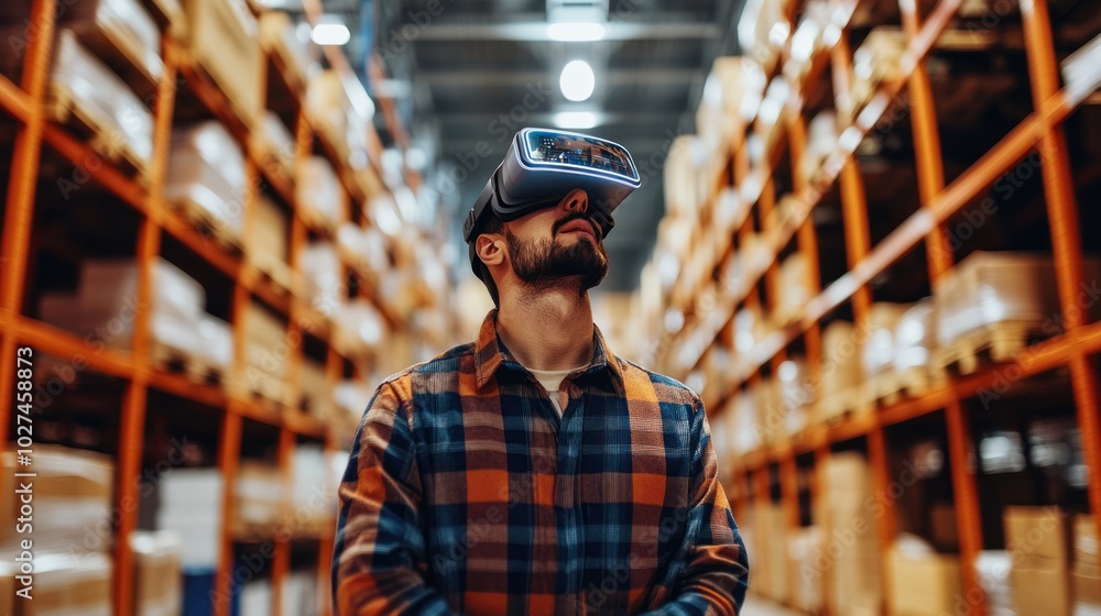 Worker in a smart warehouse using AR for real-time inventory tracking, holographic data displays, futuristic logistics solutions Worker in a smart warehouse using AR for real-time inventory tracking, holographic data displays, futuristic logistics solutions