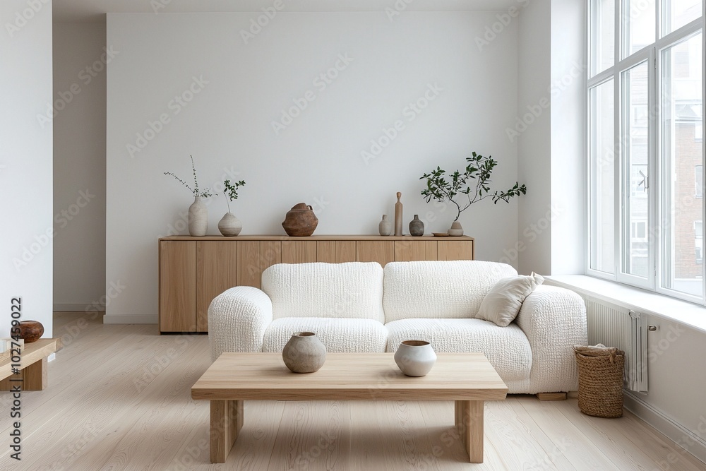 Fototapeta premium Minimalist, modern Scandinavian interiors in the living room with wood cabinets and sofas. Generative AI 