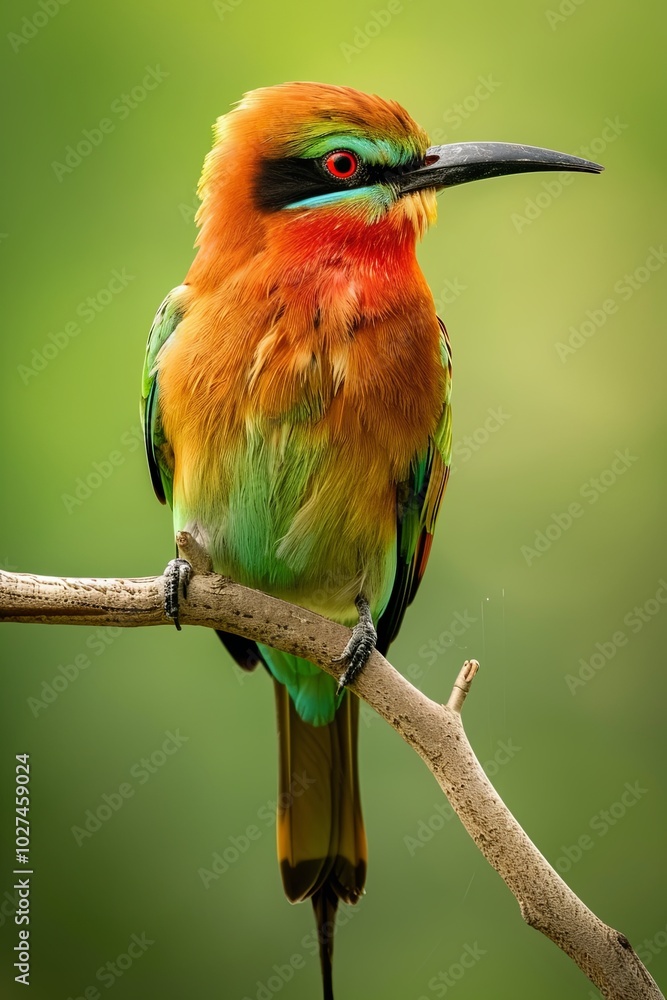 Fototapeta premium A colorful bee-eater bird perches on a branch against a green blurred background.