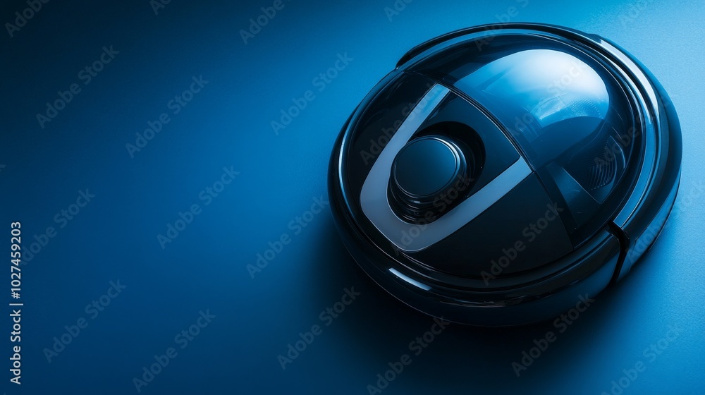 Modern robotic vacuum cleaner is lying on blue background Modern robotic vacuum cleaner is lying on blue background