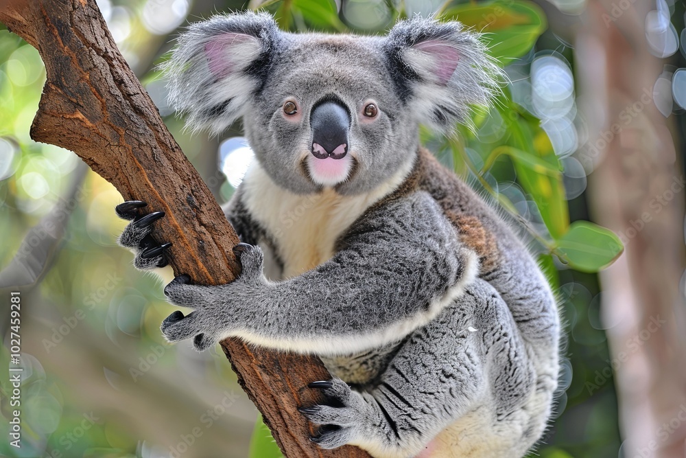 Obraz premium A cute koala bear sits on a tree branch, looking directly at the camera with a playful expression.