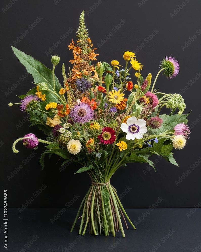 Naklejka premium A whimsical wildflower bouquet captured in vivid detail on plain black background