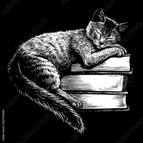 cat sleeping on a stack of books