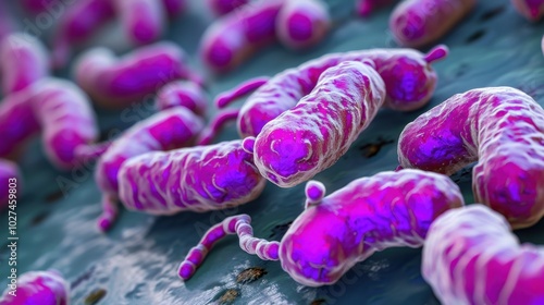 Campylobacter jejuni: A gram-negative bacterium with a spiral shape, commonly found in raw poultry, causing gastroenteritis through food poisoning.
 photo