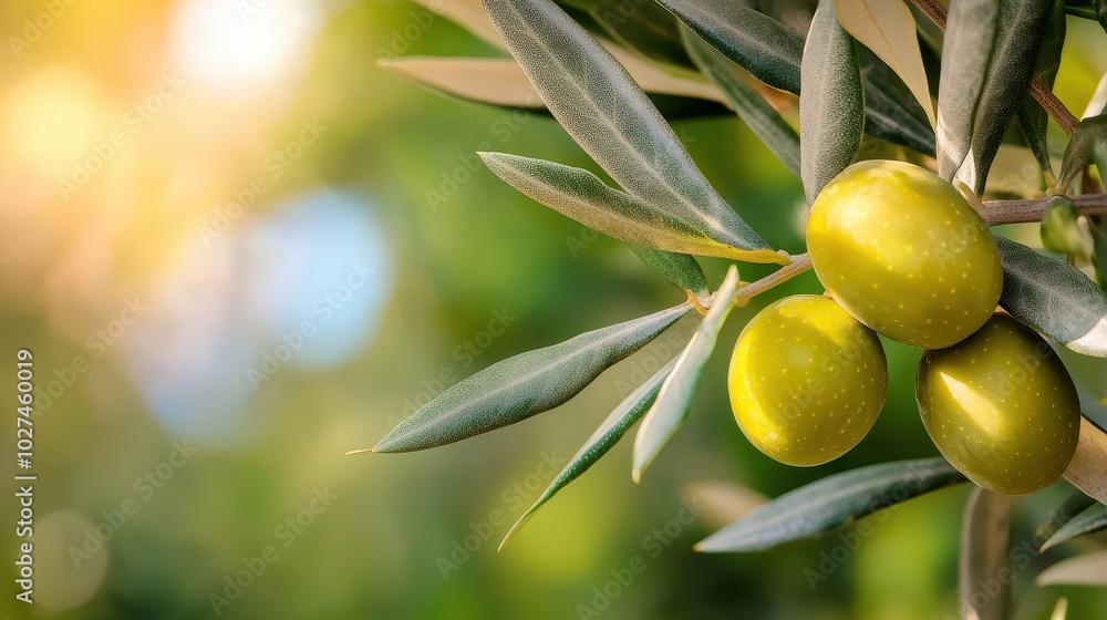 Fresh green olives hanging on a tree branch, soft light in the background. Fresh green olives hanging on a tree branch, soft light in the background.