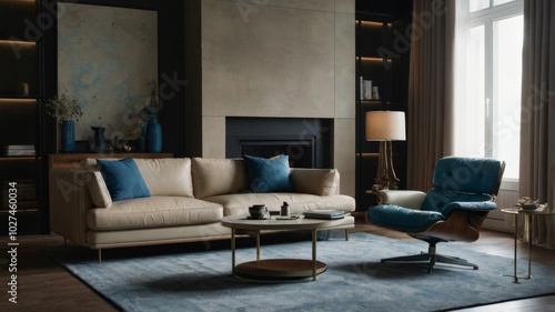 Beige leather sofa and blue fabric lounge chair in room with fireplace. Minimalist home interior design of modern living room