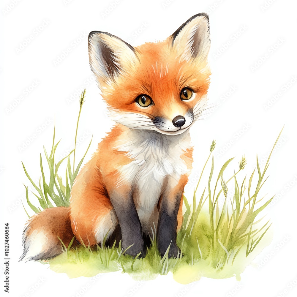 Obraz premium Cute fox sitting in the grass, illustrated with vibrant colors.