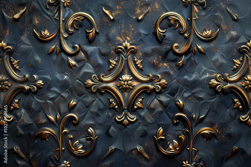 A wall that has a bunch of gold designs on it