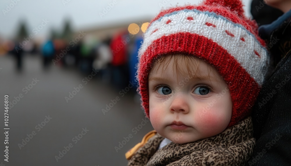 A community event where families line up to receive coats and toys for their children A community event where families line up to receive coats and toys for their children