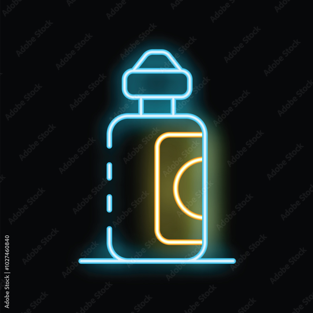 Bright neon sign of a reusable water bottle for gym and fitness activity glowing on a black background Bright neon sign of a reusable water bottle for gym and fitness activity glowing on a black background