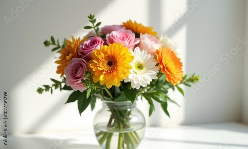 Bouquet with pink roses and gerberas in an interior setting.