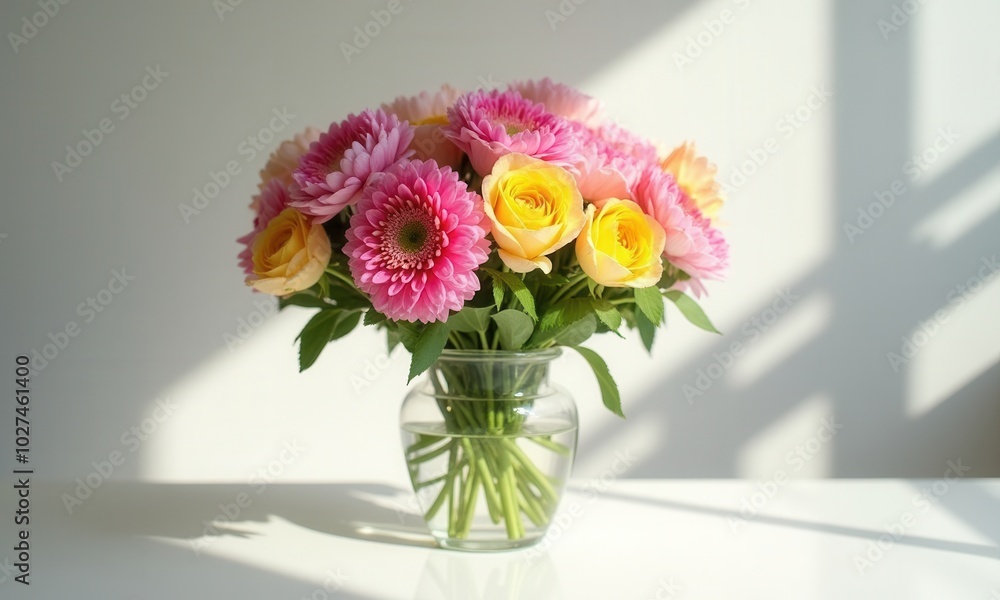 Flower bouquet with roses and gerberas in sunlight.