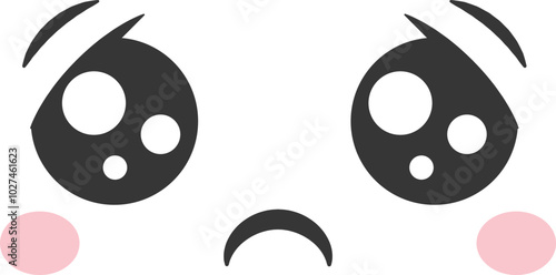A cartoon character displays a sorrowful expression with big round eyes filled with tears and rosy cheeks expressing sadness and vulnerability in a simplistic style.