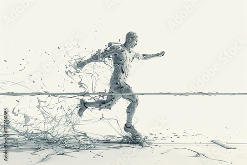 A stylized image of a runner in motion, with his body dissolving into abstract lines and shapes.