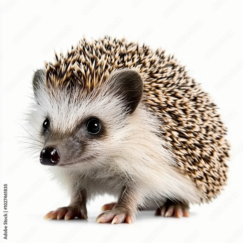 Obraz premium hedgehog isolated on white: Cute Standing Hedgehog Pet in Studio Shot, Adorable Animal with Sharp Needles in Nature