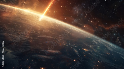 A stunning meteor plummets through space leaving a bright fire trail amidst distant stars